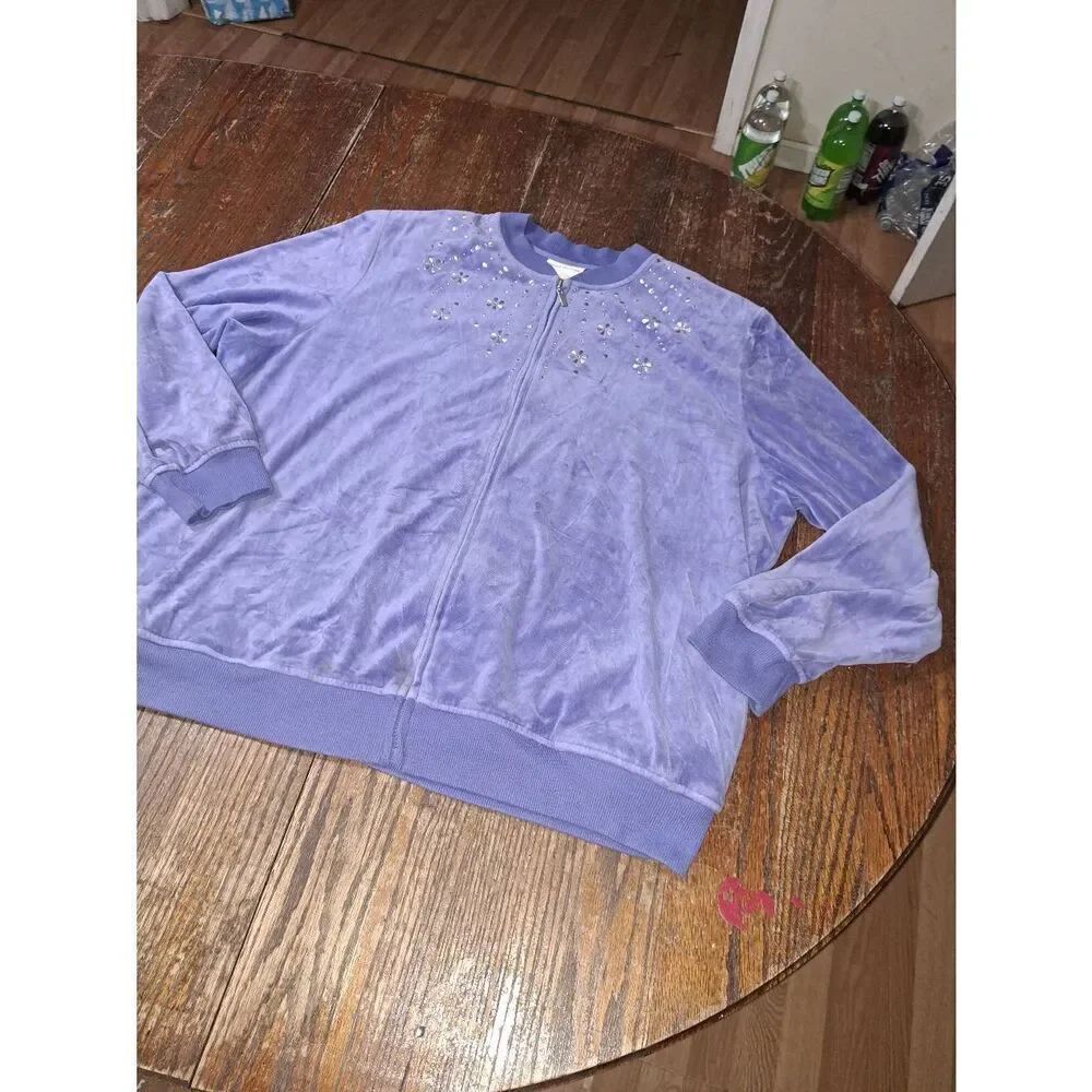 22W Alfred Dunner Woman Blue Embellished Velour Soft Zip Front Jacket